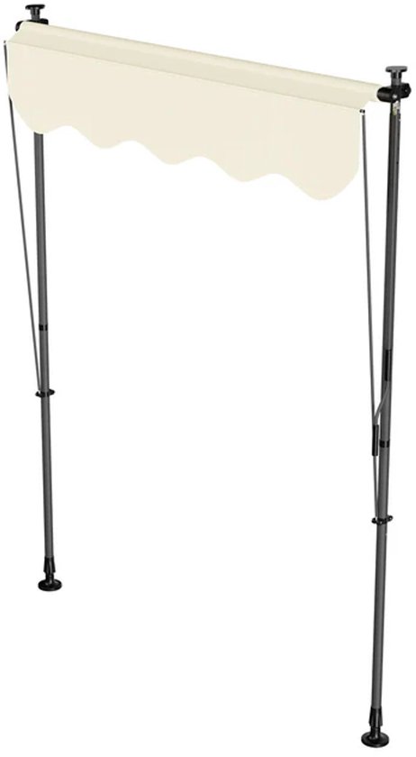 Crème oprolbare zonneluifel met gebogen zoom, steunend op twee donkere palen.