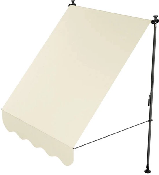 Crème zonneluifel met gebogen zoom en donkere steunpalen.