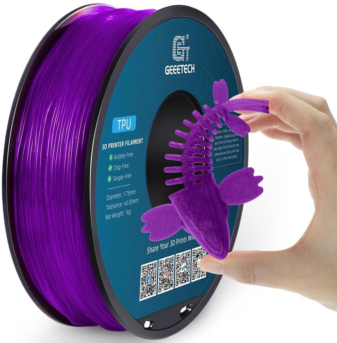 Flexibel TPU Filament 1.75mm Transparant Lichterpaars 1kg voor 3D Printers
