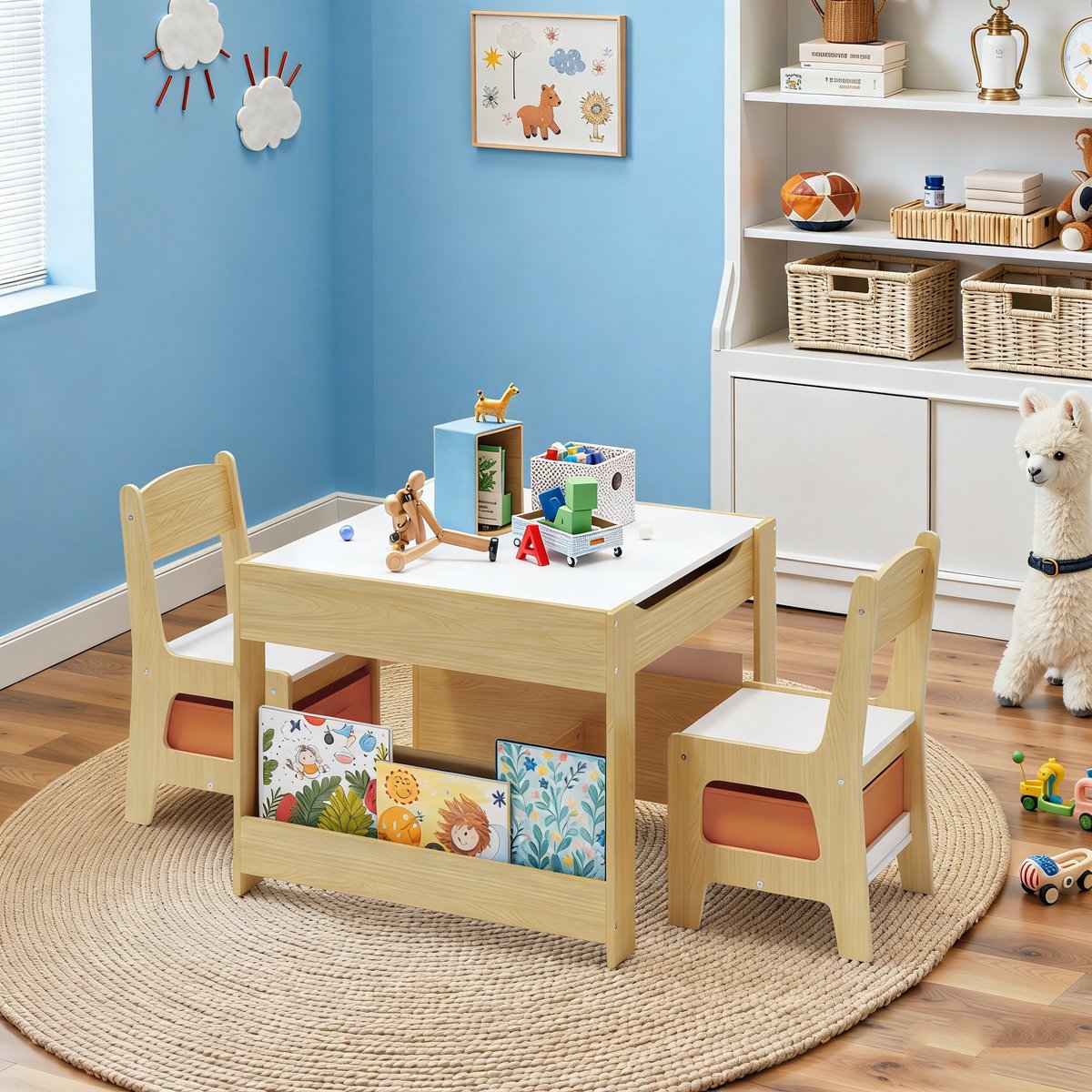 Bealife TB91 Kindertafeltje en Stoeltjes - 3-in-1 Kinder Tafel & Stoelenset - Speeltafel met Opbergruimte en Schoolbord/Whiteboard - Kinder Tekentafel - Set 3 t/m 7 Jaar - Oranje