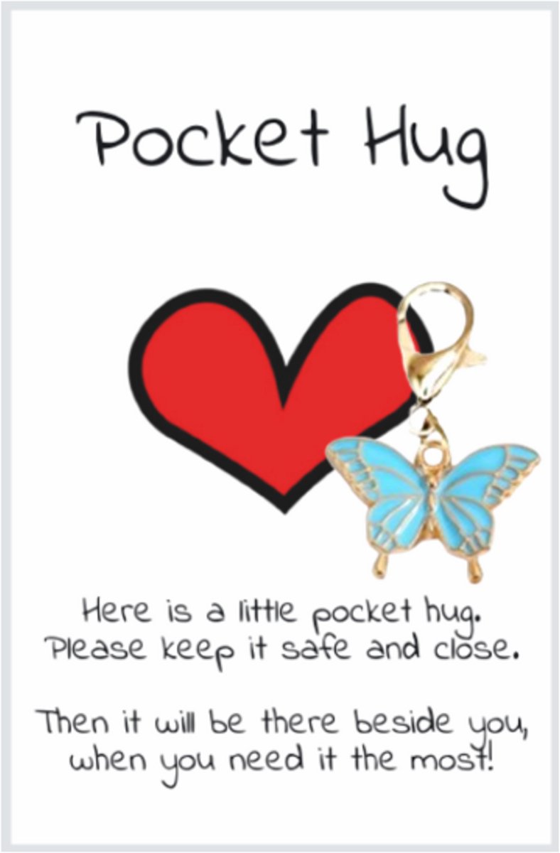 Pradeo - Vlinder Sleutelhanger - Gelukshanger - Hangertje - Vlindertje - Butterfly - Key Chain - Pocket Hug - Klein Cadeau / Geschenk - Met Kaartje Met Tekst - Blauw