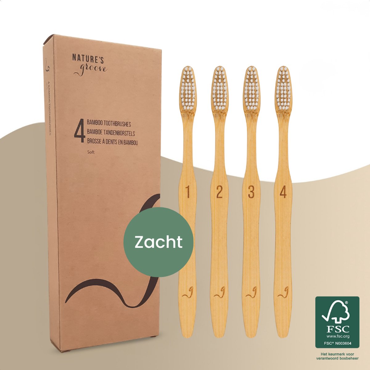Nature’s Groove® Bamboe Handtandenborstels - Set van 4 - Soft - Handmatige Houten Tandenborstel