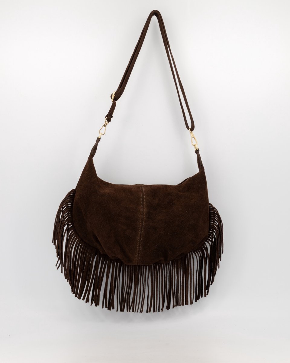 Tas- bruin- suede -met franjes -trendy -nieuw