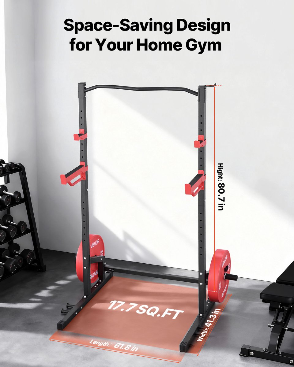 VEVOR Power Cage Squat Rack, 454 KG Draagvermogen, Multifunctioneel Krachtrek voor Thuisgym met 4 Bandhouders, Verstelbare J-Haak en Veiligheidsstangen voor Pull-Ups met Halterstang. thumbnail 6