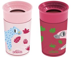 Dr. Brown’s Milestones Cheers 360° Spoutless Drinkbeker 300 ml – Lekvrije Oefenbeker Zonder Tuit voor Baby & Peuter – Reisvriendelijk met Deksel – Pink Leopard & Red Lemur – 2 Stuks