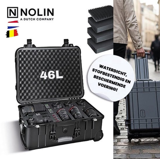 Nolin Camera Koffer met Wielen - Cameratas met Schuim Telescopisch Handvat - Draagkoffer Camera Opberg tas - Weerbestendig - Waterdichte Outdoor Trolley, L56xB45.5xH26.5 Zwart SUPER STERK