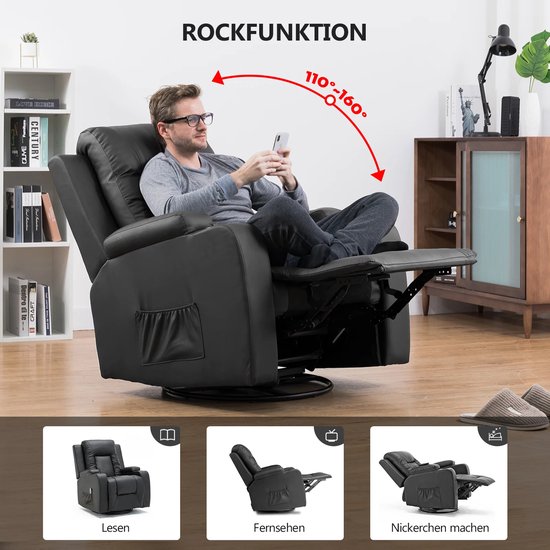 Zwarte relaxfauteuil met verstelbare rugleuning (110°-160°), voetensteun omhoog, man zittend met telefoon.