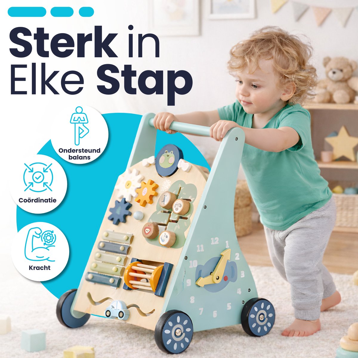 Laavir Activiteiten loopwagen - Houten Loopwagen voor Baby's - Montessori Activiteitenwagentje met Spelletjes en Klok - Mintblauw - FSC Gecertificeerd - 1 Jaar+ — afbeelding 4