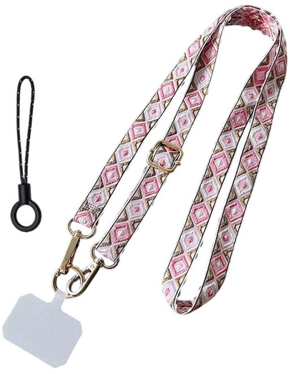 Mj Joys® - Telefoon koord – Telefoon Nekkoord - Telefoonketting – Telefoon Nekkoord - Telefoonkoord Universeel - Phone cord - Telefoonkoorden – Telefoonlusje - Verstelbaar tot 120 cm – Roze – Ruitmotief