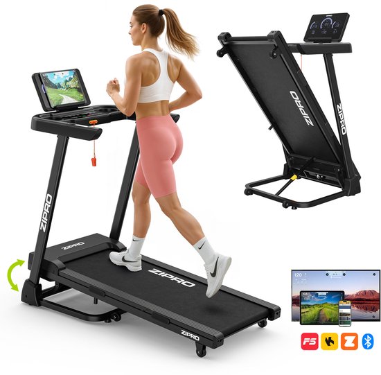 ZIPRO® Luma - Elektrische Loopband 1-12 km/u - Inklapbaar - met Hellingfunctie - Bluetooth - Kinomap en FitShow Apps - Fitness - Hellingshoek Instelbaar - Vermogen 1,25 HP - Groot Loopvlak 115 × 44 cm - Max. 120 kg - Zwart