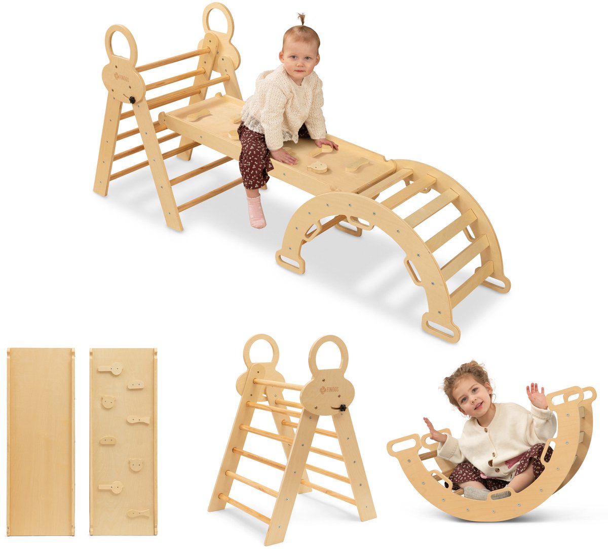 FINOOS Klimrek - Klimdriehoek - Klimboog - Glijbaan - Montessori - Houten Speelgoed - Naturel