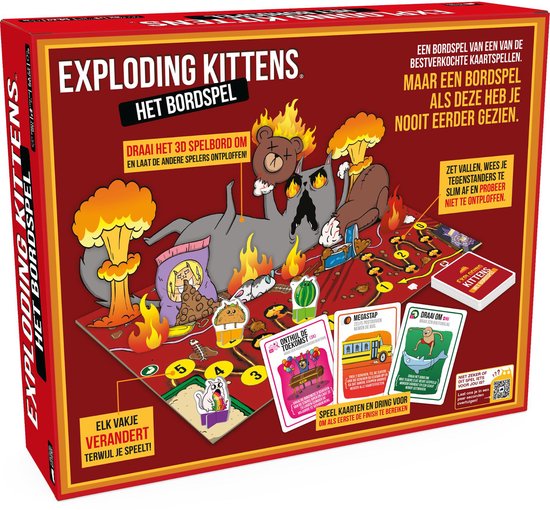 De doos van het bordspel Exploding Kittens toont een explosieve scène met een grote grijze kat, vlammen, kernexplosies en snacks.