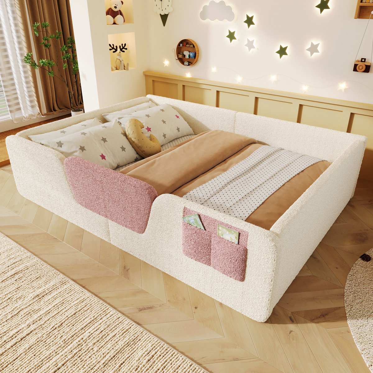 OKWISH Gestoffeerd Kinderbed 140x190cm – Met Afneembare Zijhekken – Met Opbergvak – Velours – Zonder Matras – Beige