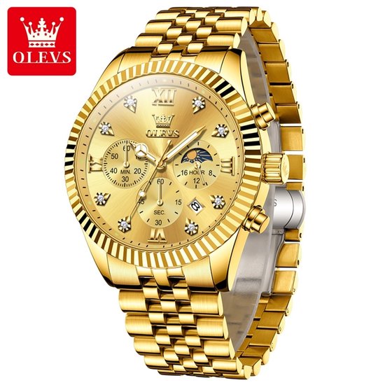 HO-2932.g : Olevs goudkl edelstaal heren horloge, quartz, goudkleurige wijzerplaat, chronografisch, stopwatch, seconden & minuten & 24uurs/lunarfase subuurwerk