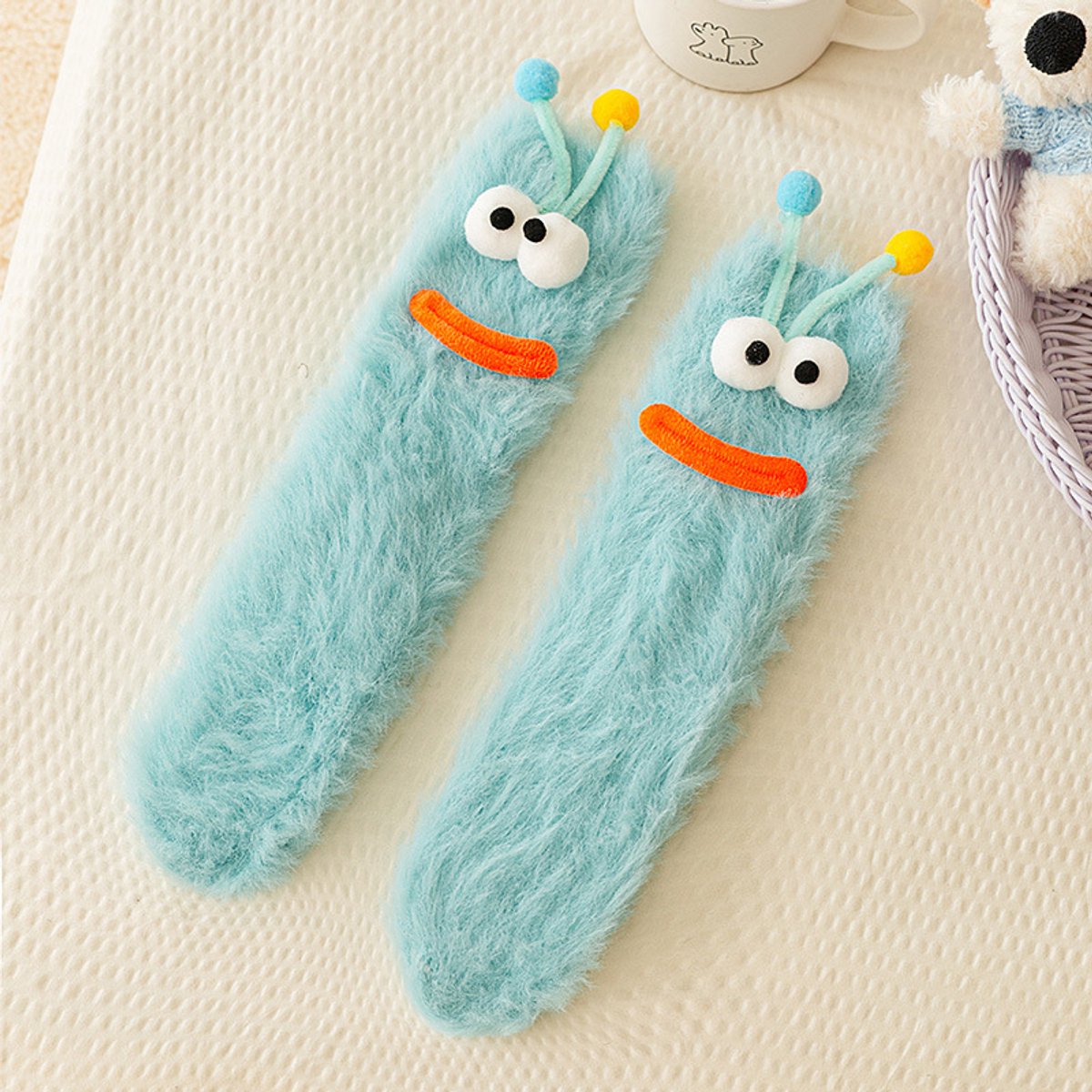 Kraftverdia Sokken Dames 3D Monster Sokken Slaapsok Fuzzy Grappige Sokken Casual Katoenen Sokken One Mintgroen