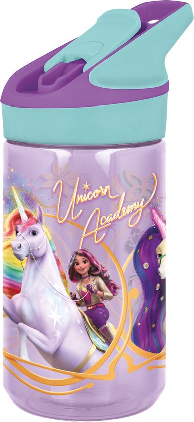 Paarse drinkfles met paarse en turquoise dop. Opdruk met eenhoorns en 'Unicorn Academy' tekst.