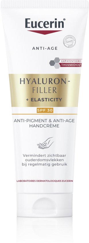 Eucerin Hyaluron-Filler + Elasticity Anti-Pigment & Anti-Age Handcrème SPF 30. Vermindert zichtbaar ouderdomsvlekken bij regelmatig gebruik.