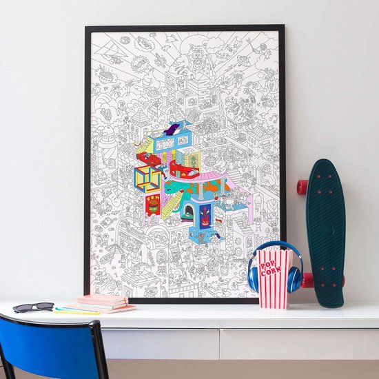 Gekleurde poster met gedetailleerd stadslandschap, met onder andere rode sportauto's, een skateboard en koptelefoon.