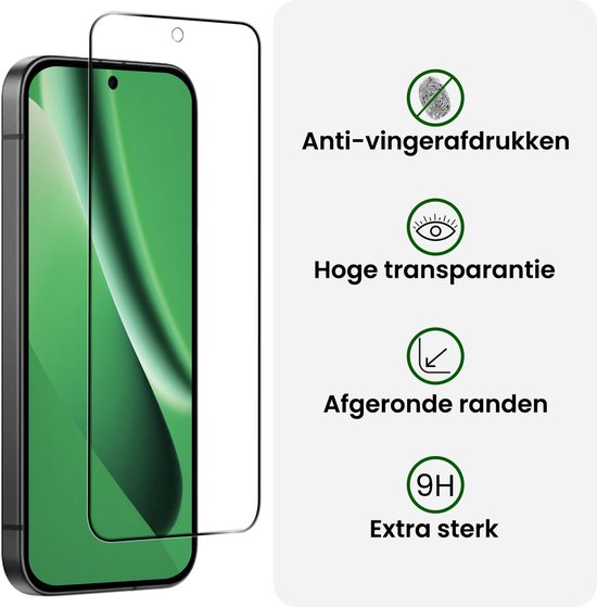 Glasplaatje op een telefoon met groene achtergrond. Anti-vingerafdruk, hoge transparantie, afgeronde randen, 9H extra sterk.