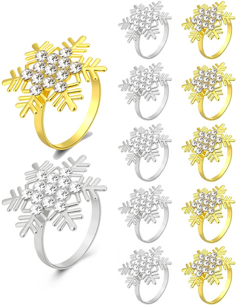JeiibrZui Servetringen met sneeuwvlokkenpatroon - Gouden kerstservetringenset (12 stuks) - Metaal, ingelegd met strass-steentjes - 12 stuks - Geschikt voor kerstfeesten en bruiloften, zilver + goud