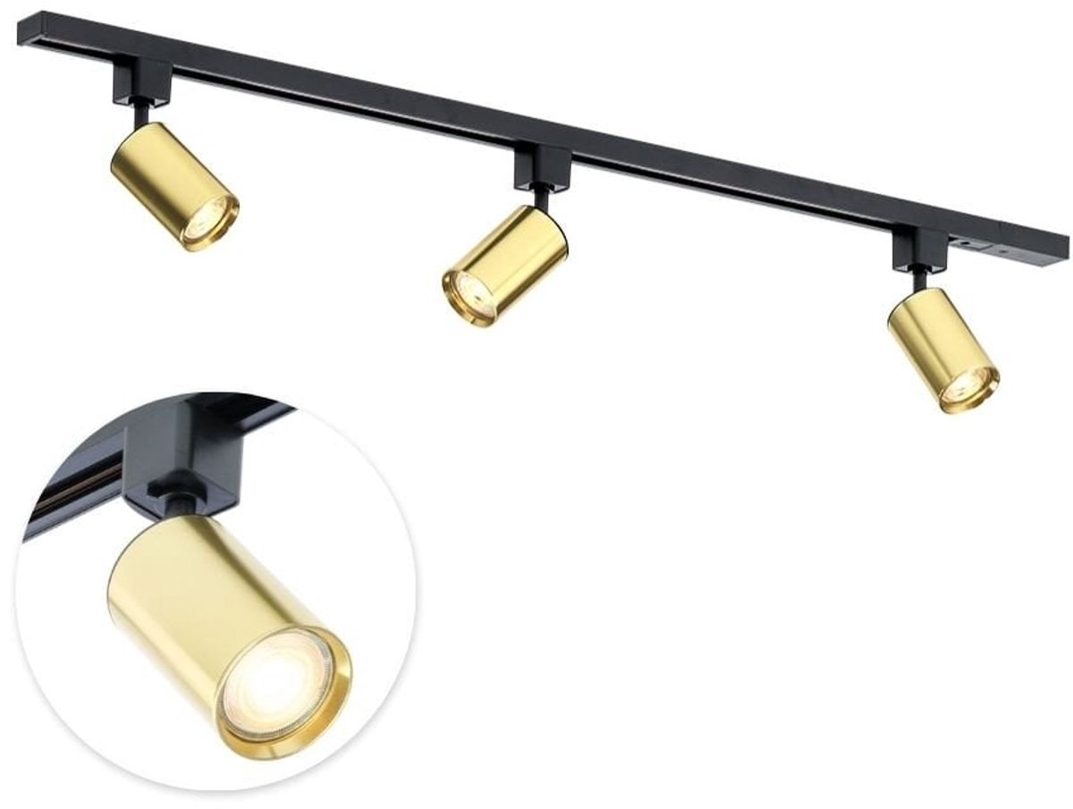 Qub Focus Railverlichting - Goud/Zwart -100 cm - I-Vorm - 3x GU10 Spots - Dimbaar - Complete Set