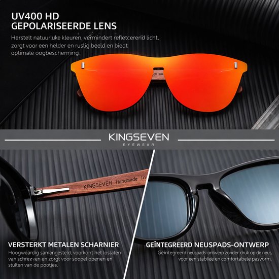 Zonnebril met oranje spiegelende glazen. UV400 HD gepolariseerde lens herstelt kleuren en vermindert reflecties.