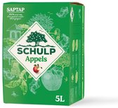 Groene 5L SAPTAP doos met "SCHULP Appels" in een diamant, appelboom en illustraties van fruitplukkers.