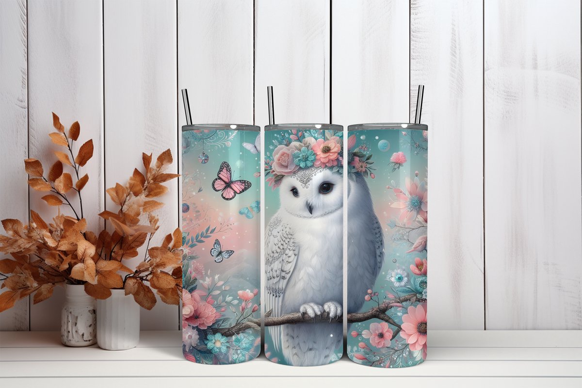 Thermosbeker Witte uil - 600 ml RVS Tumbler met Rietje - Cadeau - Schoolbeker - Antilek dop - Vaatwasserbestendig - Werkbeker - To go beker - Zomaar