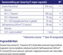 Lijst met de samenstelling per dosering van de vegan capsules: groene thee extract, L-Theanine, polyfenolen, EGCG en saffraanextract.