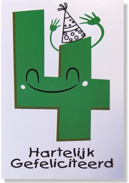 Gevouwen wenskaart met een grote groene 4 met gezicht, feestmuts en handen, met tekst 'Hartelijk Gefeliciteerd'.