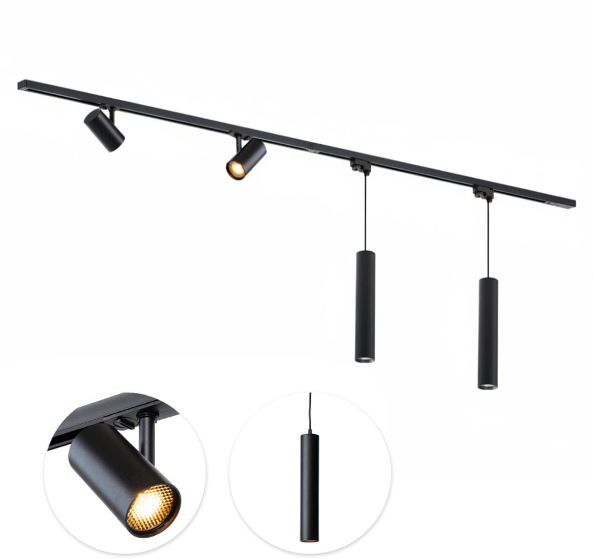 Qub Viror Railverlichting - Zwart - 200 cm - I-Vorm - 2 Mesh Spots & 2 Hanglampen - Dimbaar - Complete Set