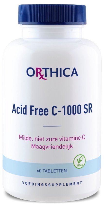 Witte plastic fles met blauw deksel, Orthica Acid Free C-1000 SR etiket, 60 tabletten, vegan.
