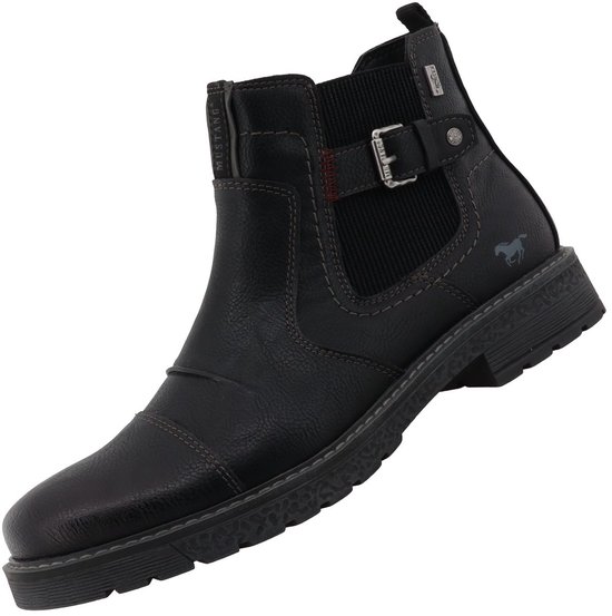 Vue de trois quarts avant d'une botte noire Mustang avec fermeture éclair, boucle et insert élastique.