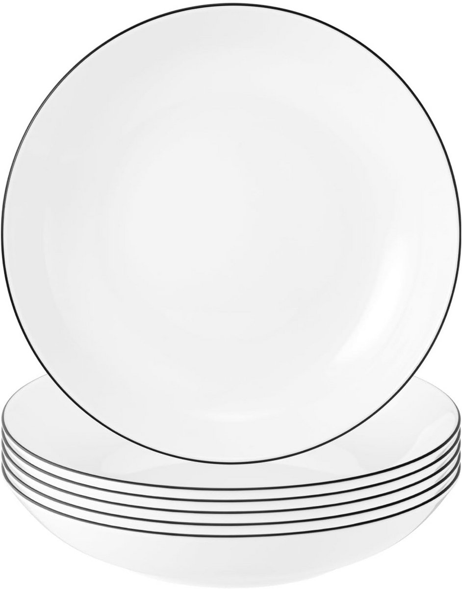 Set van 6 Porseleinen Soepborden Rond met Zwarte Rand, 21 cm Diep Bord