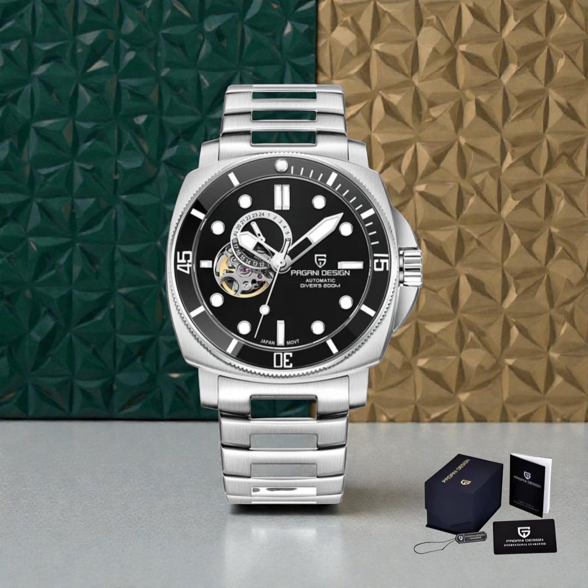 Pagani Design PD-1736 Automatisch Duikhorloge - Open Heart Zwart, TMI NH39, Saffierglas, Roestvrij Staal 43MM