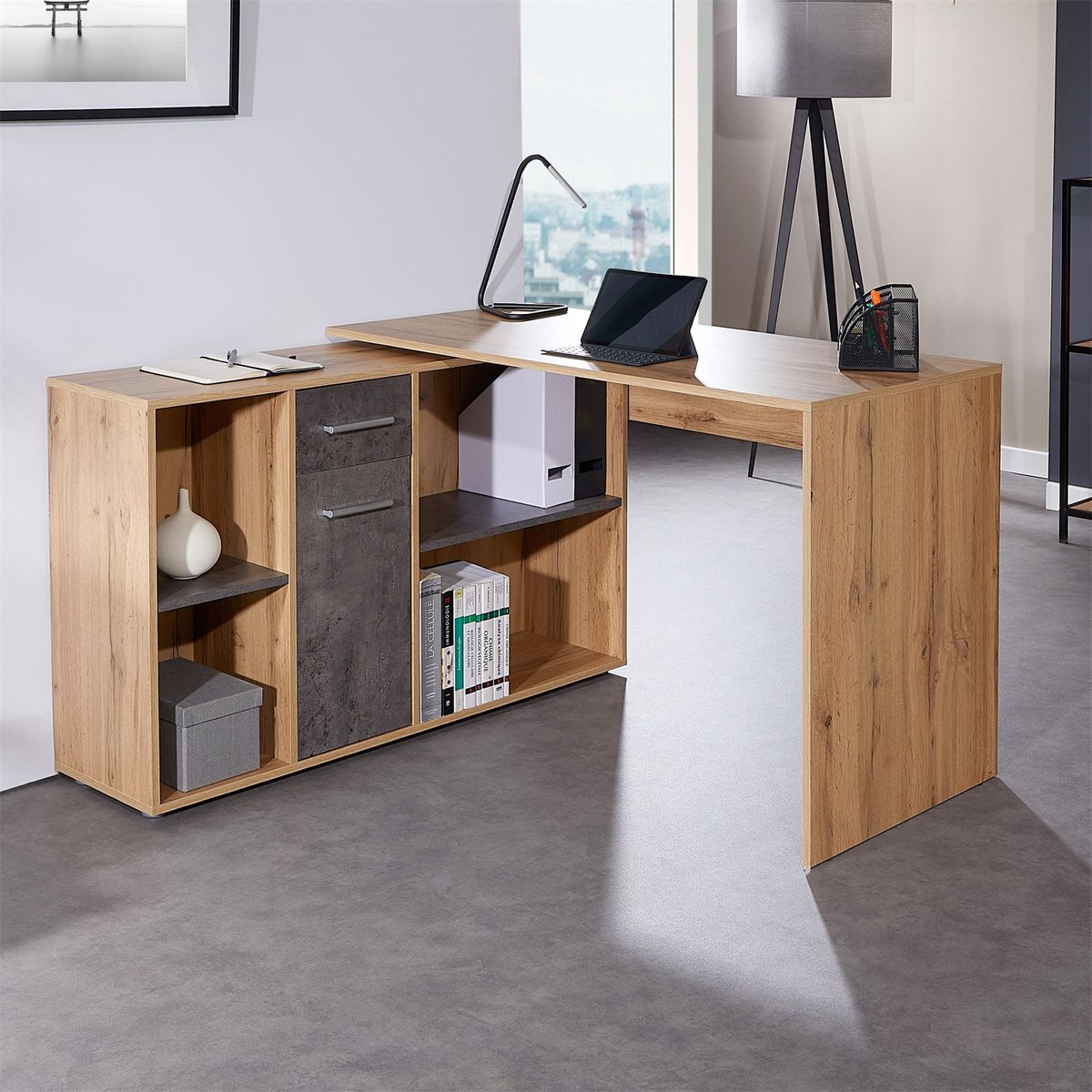 IDIMEX Hoekbureau DIEGO met plank - Wotan eiken/beton bruin
