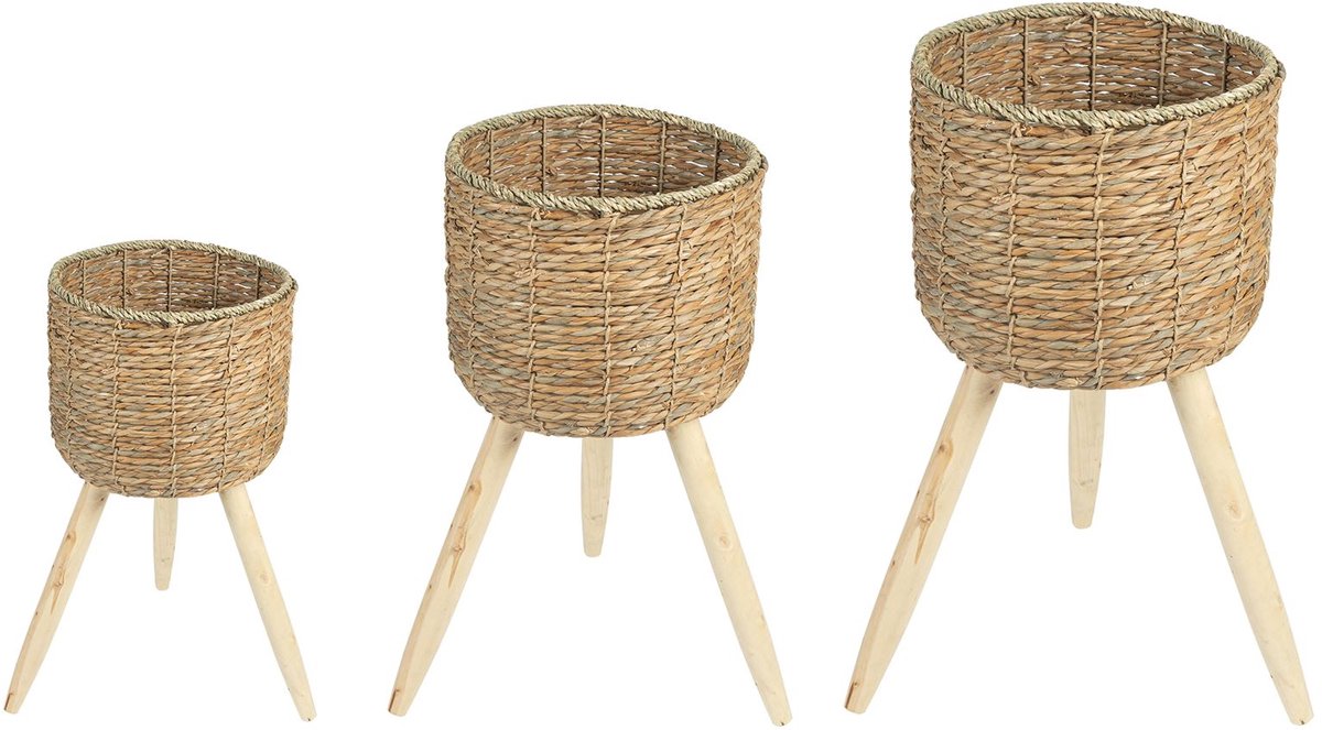 Plantenbak NAPARI met voet, Natuurlijk, Robuust zeegras en hout, Veelzijdig en decoratief, Bloempotenset - Hoofdafbeelding