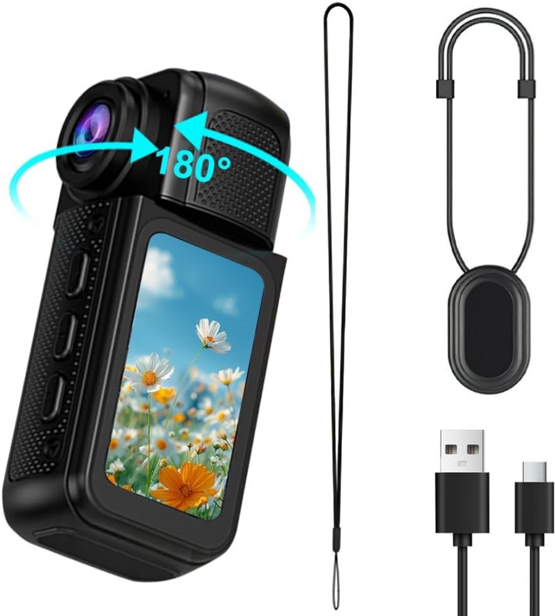 NBAP® Bodycam - Action Cam - Bewegingsdetectie - 180º Draaibare Lens - Bodycam Politie - Spycam - Full HD - Zwart