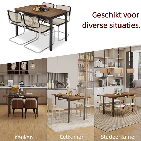 Eettafel met walnoothouten blad en zwart metalen frame, getoond in verschillende ruimtes zoals keuken, eetkamer en studeerkamer.