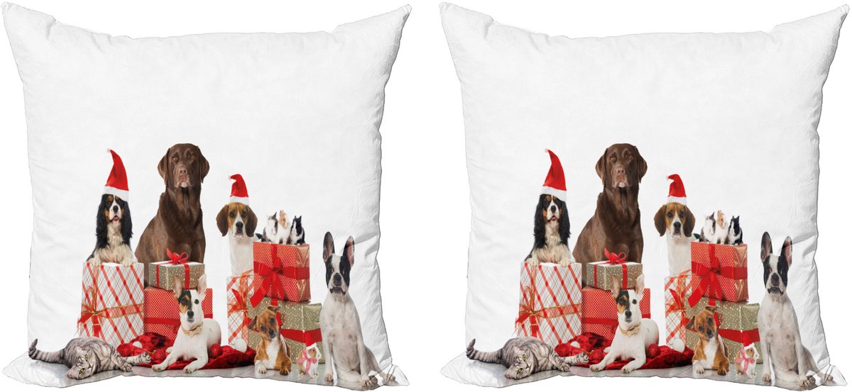ABAKUHAUS Kerstkussenhoez set van 2, Pets Wonder Boxes, 50x50 cm, bruin, wit, rood
