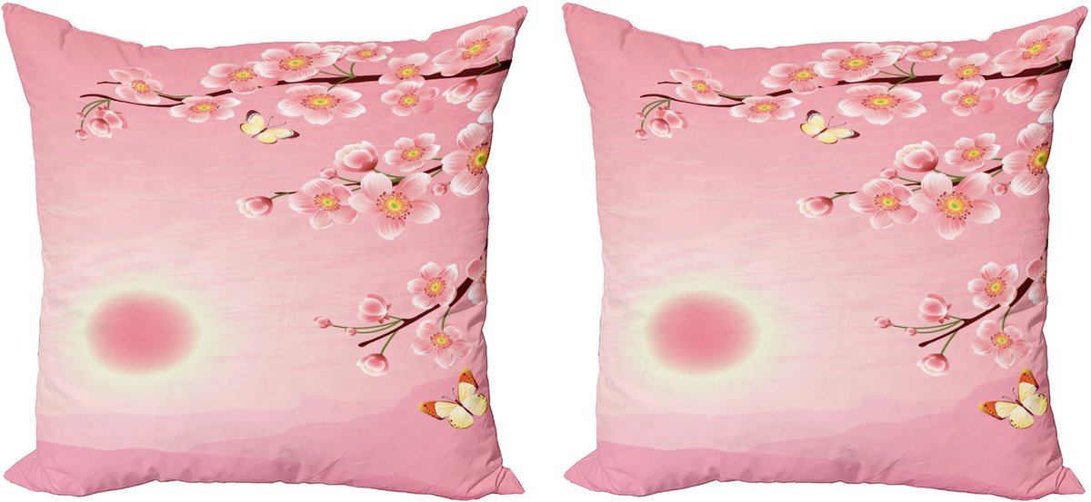 ABAKUHAUS Decoratieve kussenhoes met landschapsmotief, 2 stuks, natuurlijke bloesemboom, 40x40 cm, geelroze