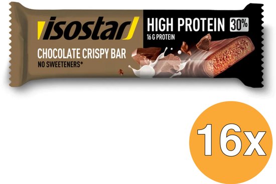 Isostar High Protein chocolade crispy bar met 16g eiwit, zonder zoetstoffen. 16 stuks.