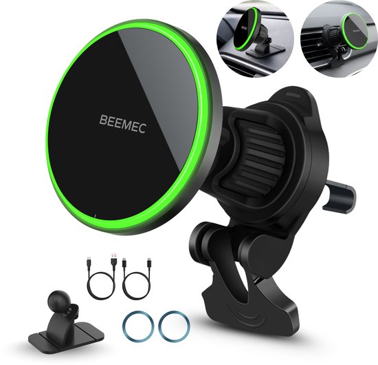 Porte-téléphones voiture Beemec® 2-en-1 – Recharge rapide sans fil 15W – Porte-téléphone MagSafe – Support de téléphone voiture – Magnétique – Grille de ventilation et tableau de bord – Câbles et indicateur LED de charge inclus