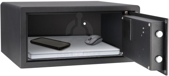 Zwarte Brihard kluis, open met een laptop, smartphone en computermuis op de grijze bodem.