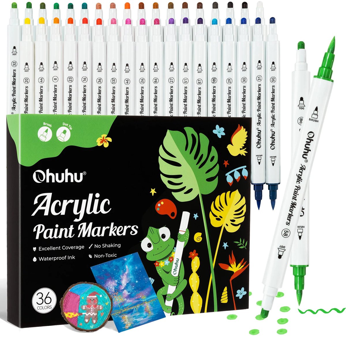 Ohuhu - Akaka Brush & Dot - Dual Nib Acrylic Paint Markers - Cotton-core - 36 kleuren