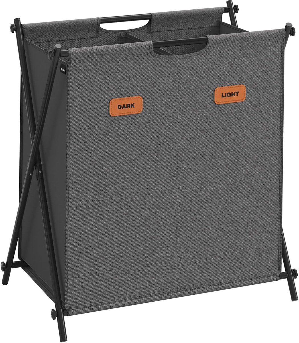 SONGMICS Wasmand - 115 liter - wasbox - 2 compartimenten - opvouwbaar X-frame - individuele labels - voor wasruimte, slaapkamer, badkamer - grijs
