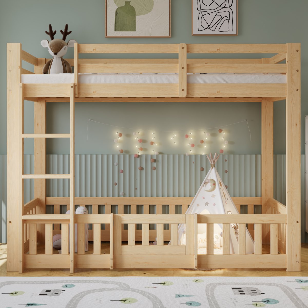 Wishdor Stapelbed 90x200 cm - Haakse Trap & Hekwerk met Deur - Massief Hout Natuurlijk - S