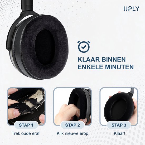 Stapsgewijze instructies: trek oude oorkussens eraf, klik nieuwe erop, klaar binnen enkele minuten.