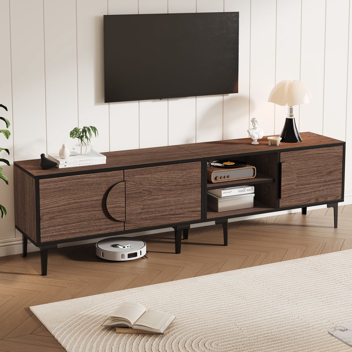 FloraGrace Televisiemeubel - Donker Notenhout Met Zwart Frame En Open Vakken - Voor Woonkamer En Thuistheater - Spaanplaat - 180x35x49 Cm