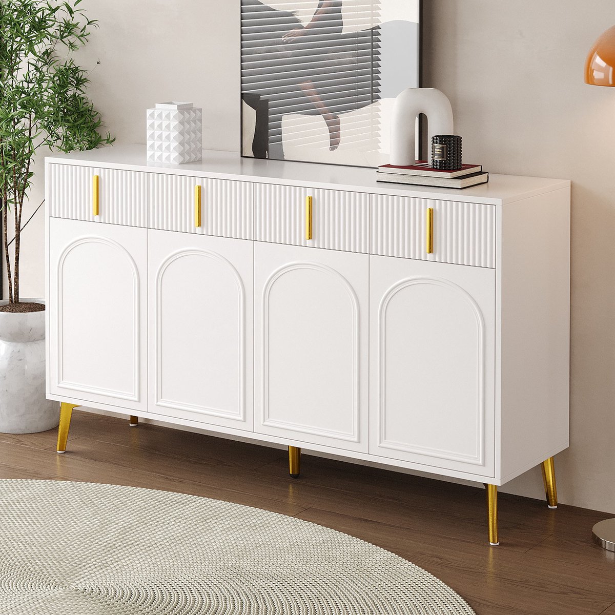 FloraGrace Dressoir - 4 Deuren En 4 Lades Met Verstelbare Planken - Opbergen Voor Woonkamer En Eetkamer - MDF Wit - 140x38x82 Cm